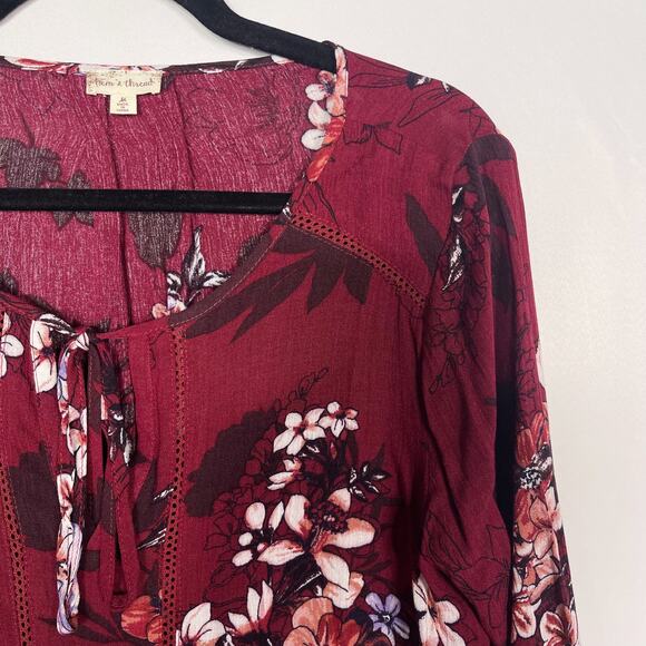 Francescas Hem & Thread M Burgundy Red Floral Keyhole Tie Long Sleeve Blouse Top - Picture 5 of 8